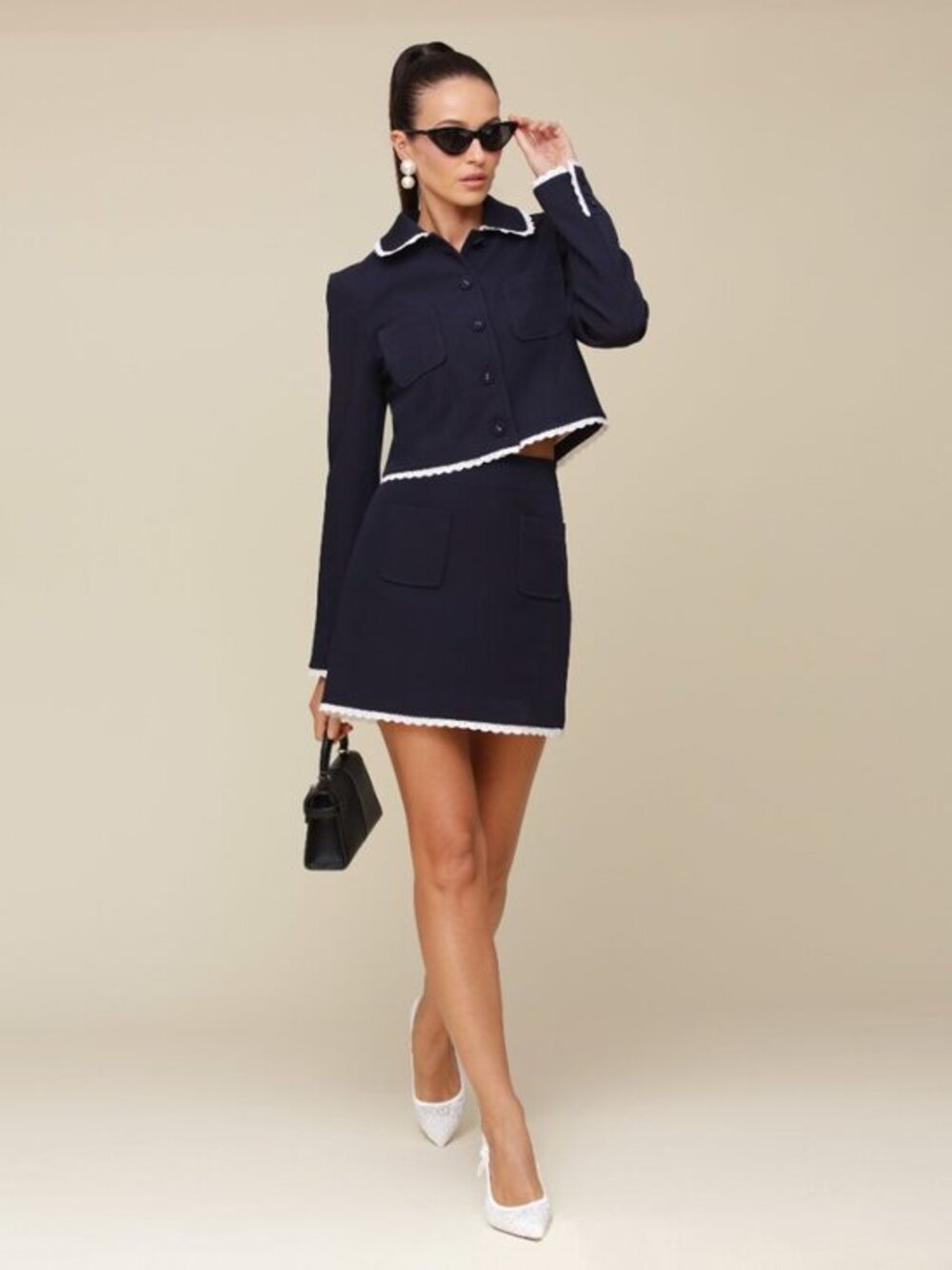 New Avec Les Filles Set Lace Trim Jacket + Mini Skirt Navy Blue XS